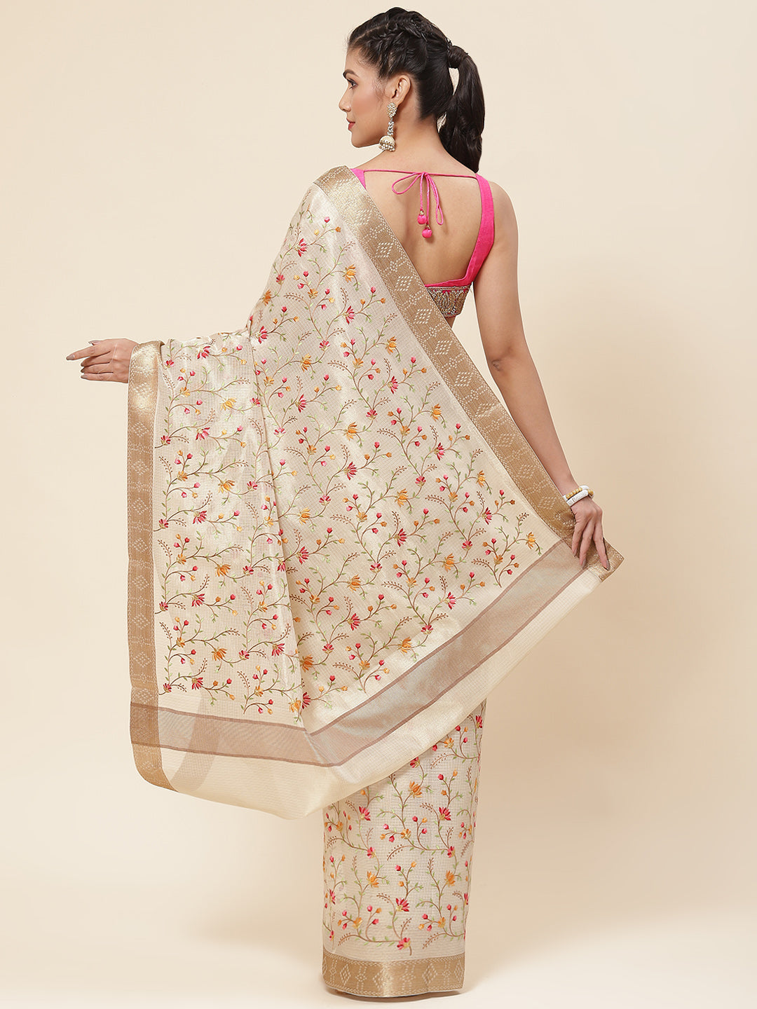 Floral Resham Embroidered Cotton Saree