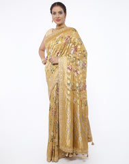 MBZ Meena Bazaar-Floral  Printed Banarsi  Khaddi with Gotta Patti Border