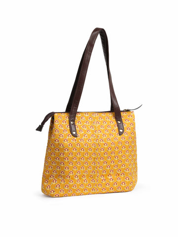 Mustard & Maroon Printed Cotton Handbag With Pouch