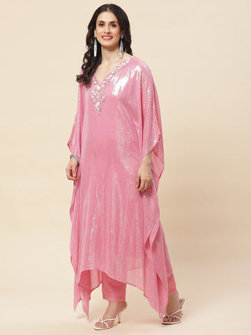 Sequin Embroidered V-Neck Georgette Kurta With Pants