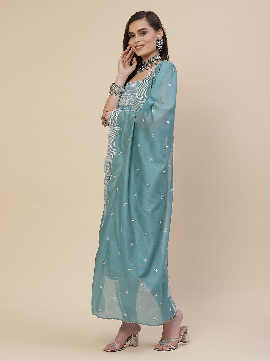 Neck Embroidered Chanderi Unstitched Suit Piece With Chanderi Dupatta