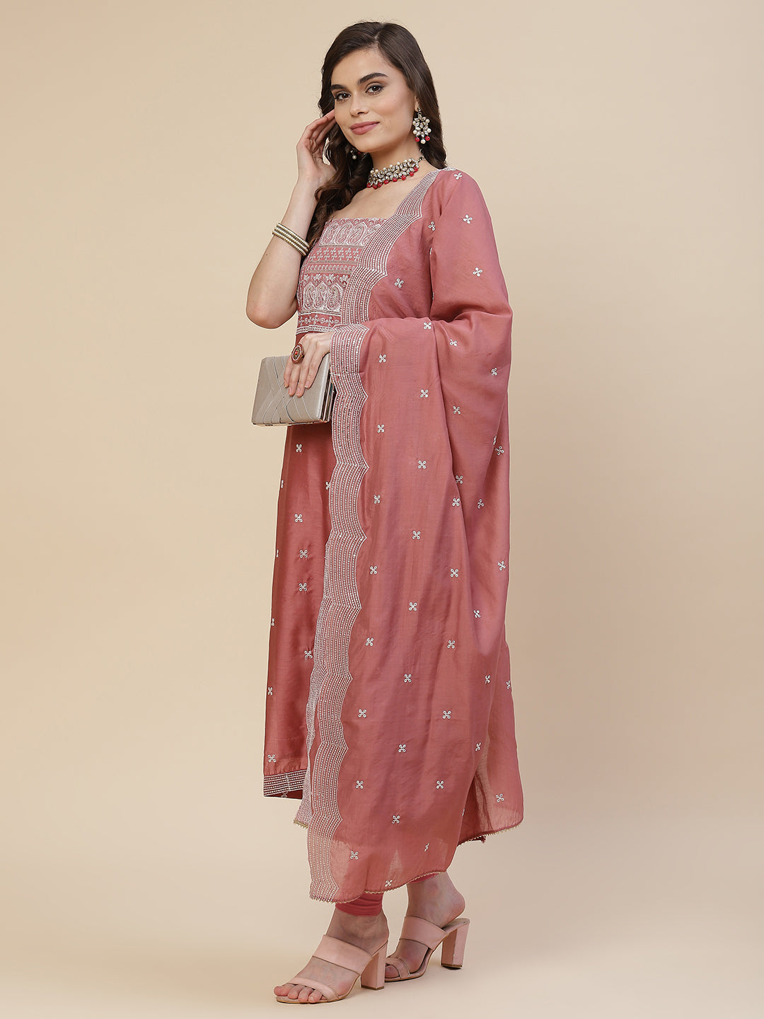 Neck Embroidered Chanderi Unstitched Suit Piece With Chanderi Dupatta