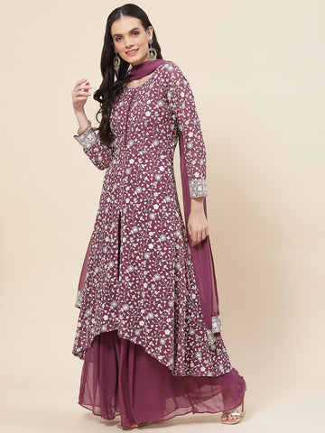 Embroidered Georgette Kurta With Palazzo & Dupatta