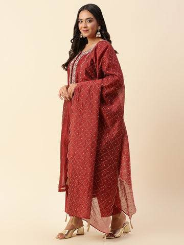 Resham Booti Cotton Kurta With Pants & Dupatta