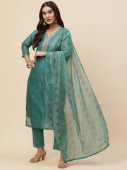 Neck Embroidered Chanderi Kurta With Pants & Dupatta