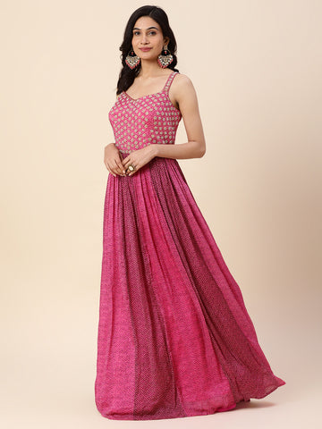 Neck Embroidered & Printed Georgette Gown Dress