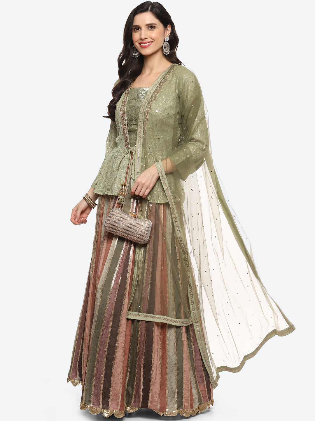 Resham Embroidered Georgette Choli Jacket With Lehenga & Dupatta