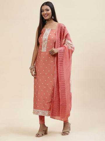 Embroidered Chanderi Unstitched Suit Piece With Dupatta