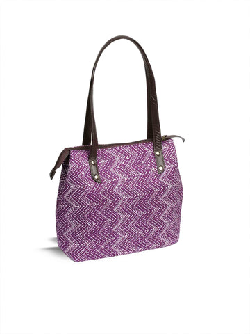 Purple Printed Cotton Handbag With Pouch