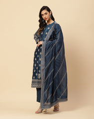 Resham Booti Embroidered Cotton Kurta With Pants With Chanderi Dupatta