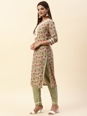 Floral Printed Cotton Kurta With Pants