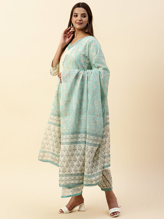 Printed Cotton Kurta With Pants & Dupatta