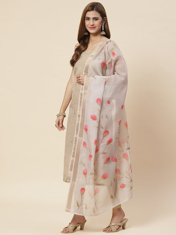 Embroidered Chanderi Unstitched Suit Piece With Floral Dupatta