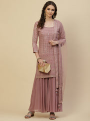Resham Sequin Embroidered Georgette Kurta With Palazzo & Dupatta