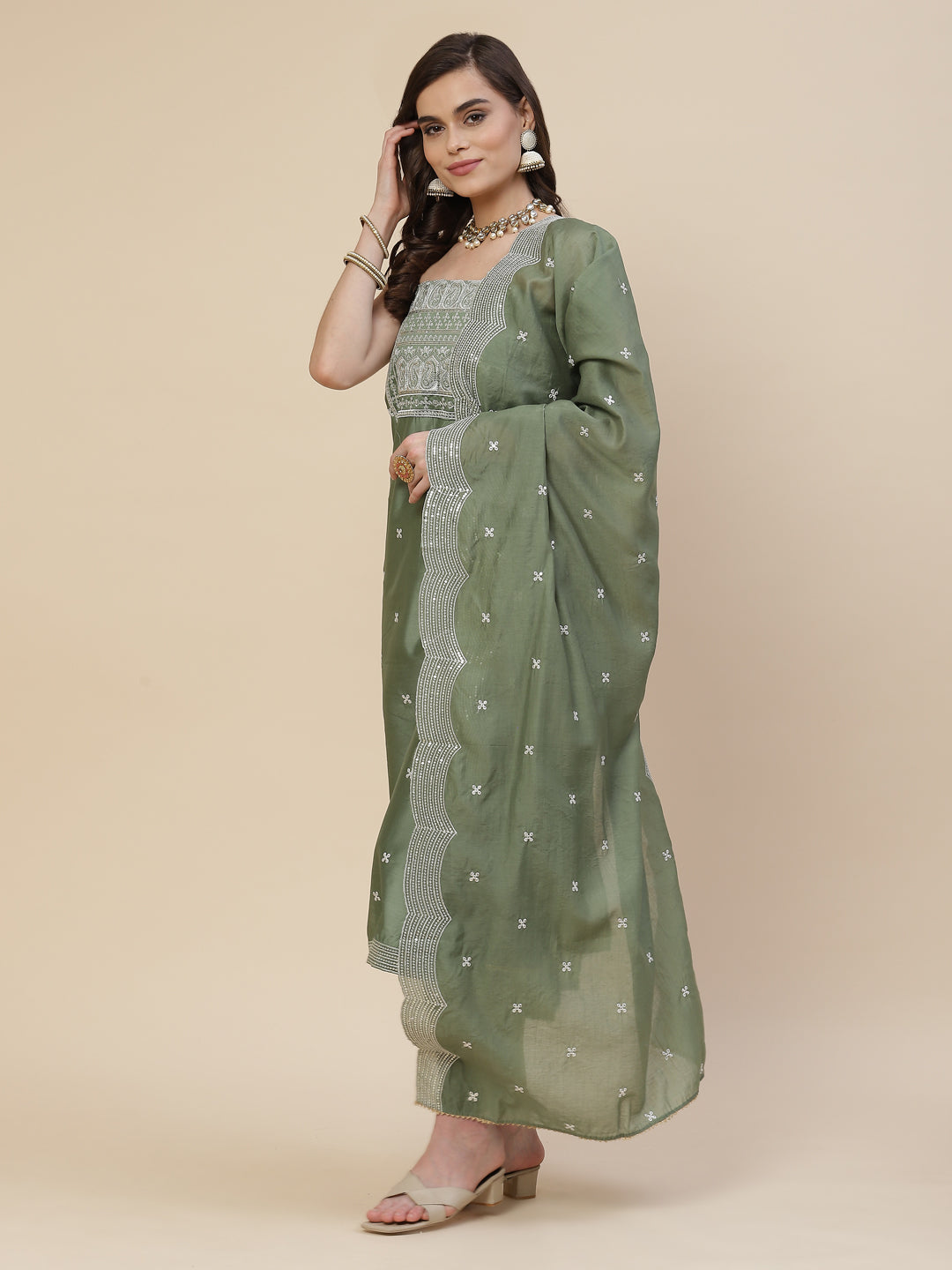 Neck Embroidered Chanderi Unstitched Suit Piece With Chanderi Dupatta