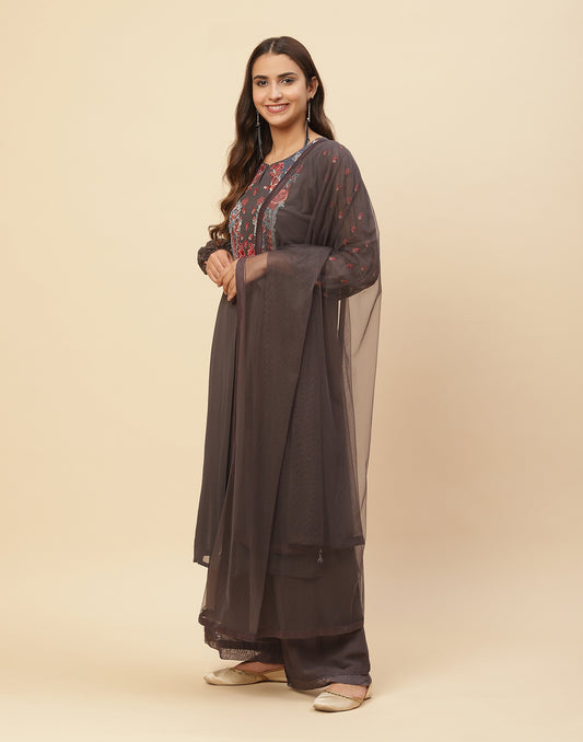 Resham Jaal Embroidered Georgette Salwar Kameez Stitched Suit With Dupatta