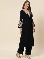 Zari Neck Embroidered Velvet Kurta With Palazzo