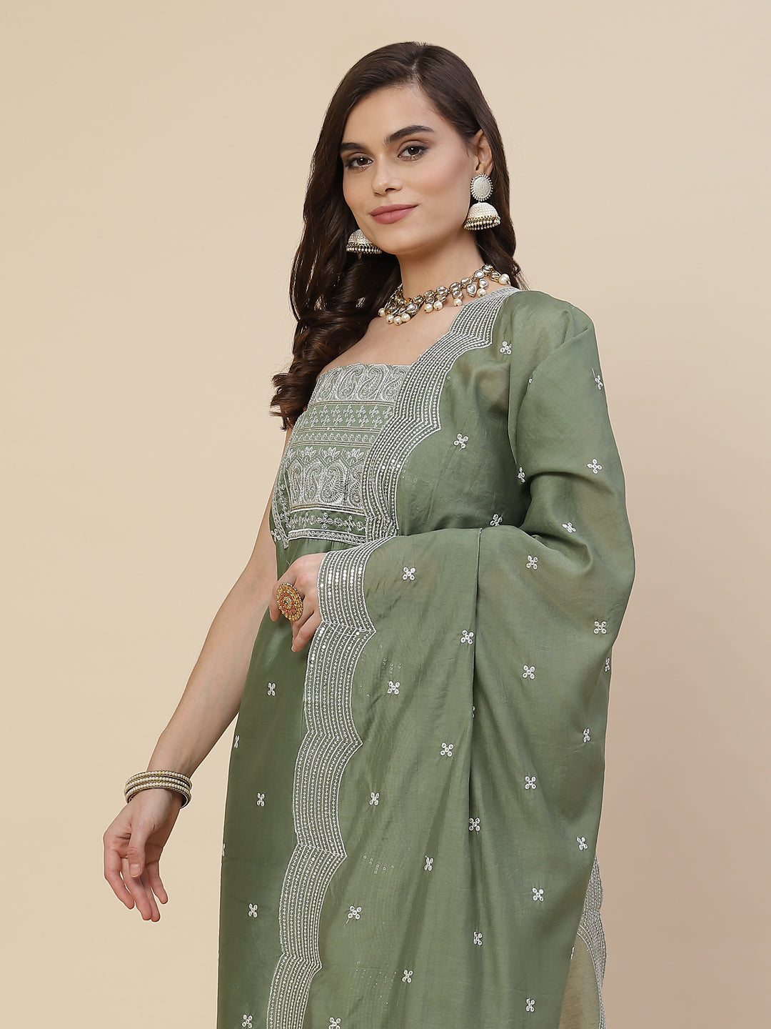 Neck Embroidered Chanderi Unstitched Suit Piece With Chanderi Dupatta