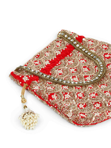 Golden Sequin & Pearl Embroidered Potli Bag