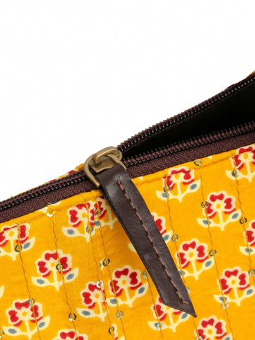 Mustard & Maroon Printed Cotton Handbag With Pouch