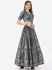 Digital Floral Printed Art Tussar Choli With Lehenga & Net Dupatta