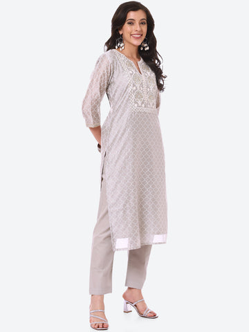 Sequin & Printed Chanderi Kurta With Pant