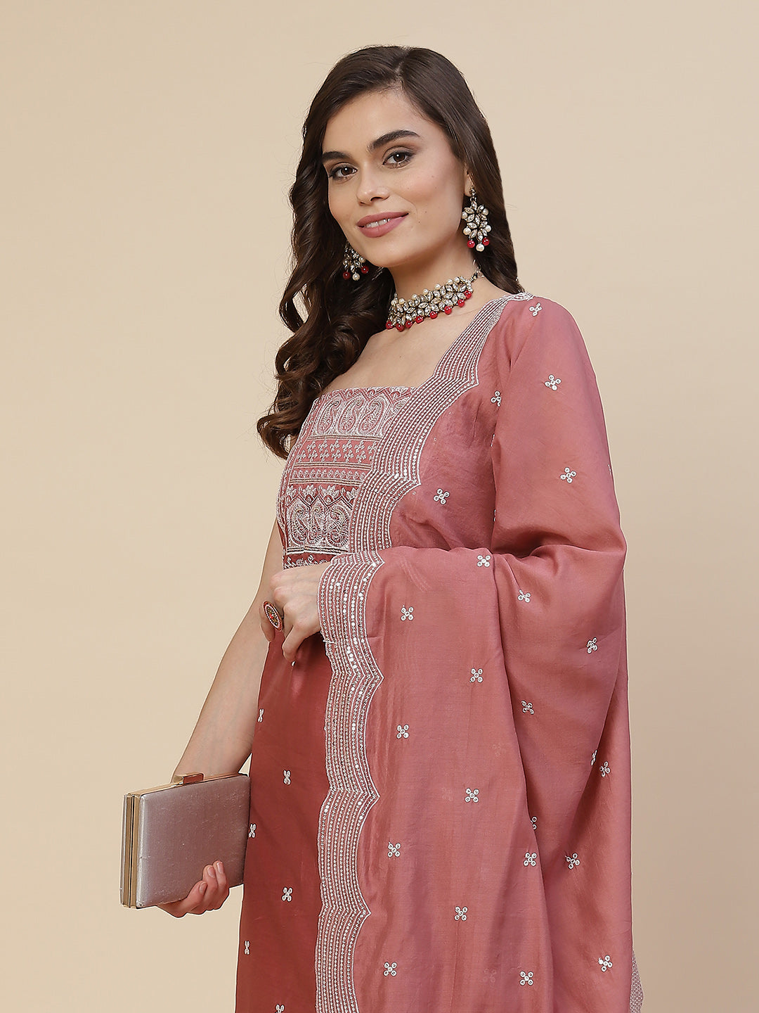 Neck Embroidered Chanderi Unstitched Suit Piece With Chanderi Dupatta