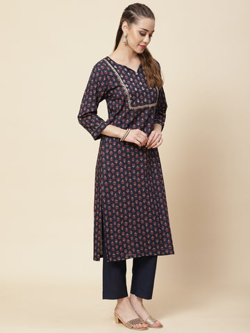 Printed & Neck Embroidered Cotton Kurta With Pants
