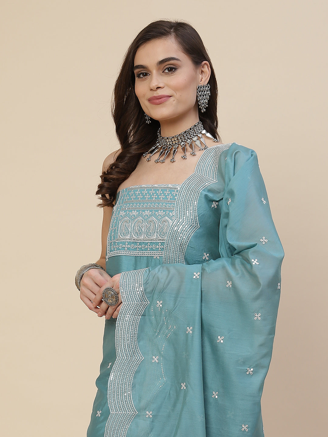 Neck Embroidered Chanderi Unstitched Suit Piece With Chanderi Dupatta