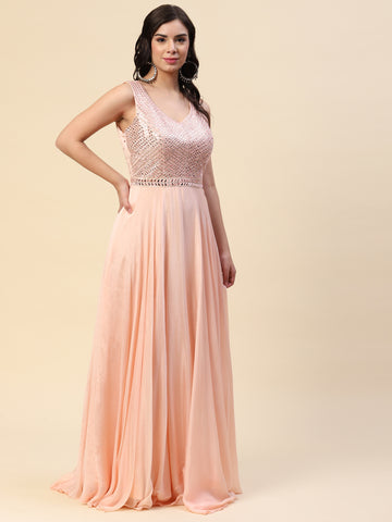 Mirror Neck Embroidered Crepe Gown Dress