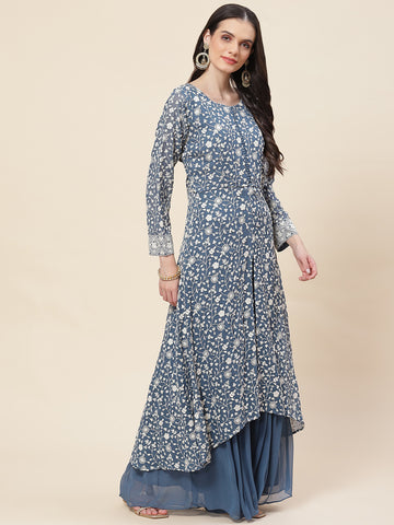 Embroidered Georgette Kurta With Palazzo & Dupatta