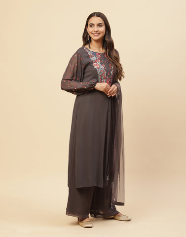 Resham Jaal Embroidered Georgette Salwar Kameez Stitched Suit With Dupatta