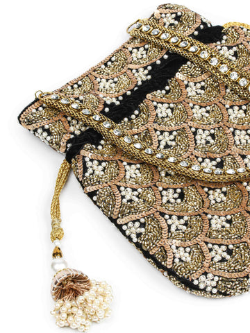 Golden Sequin & Pearl Embroidered Potli Bag