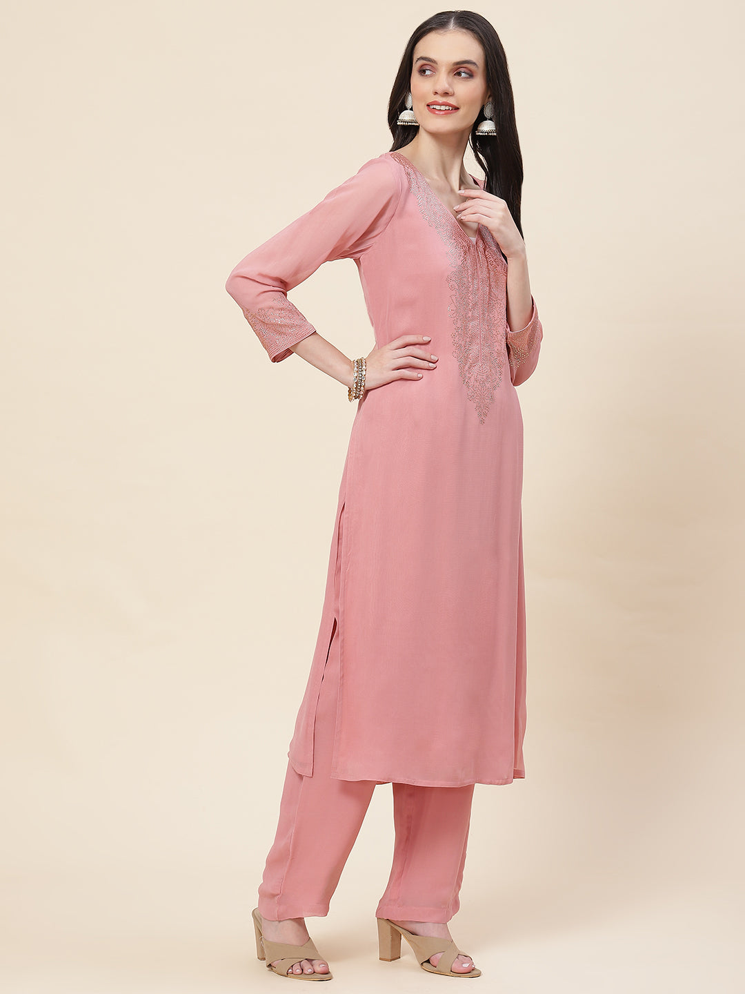 Neck Embellished Georgette Kurta With Palazzo & Dupatta