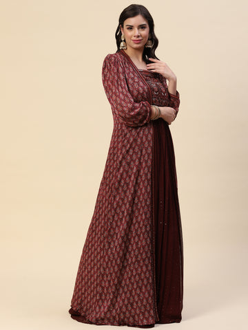 Floral Printed Georgette Gown Dress With Jacket & Dupatta