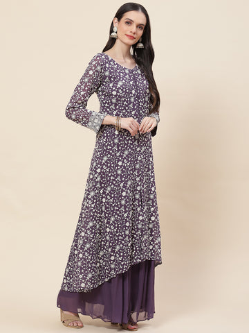 Embroidered Georgette Kurta With Palazzo & Dupatta