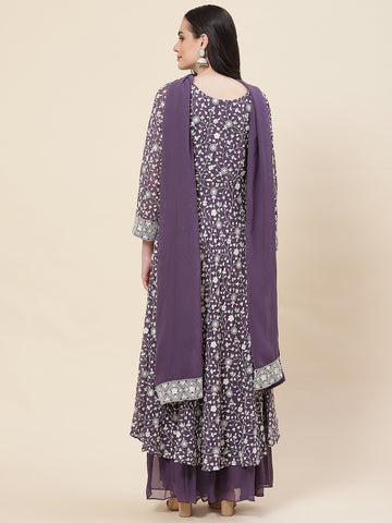 Embroidered Georgette Kurta With Palazzo & Dupatta