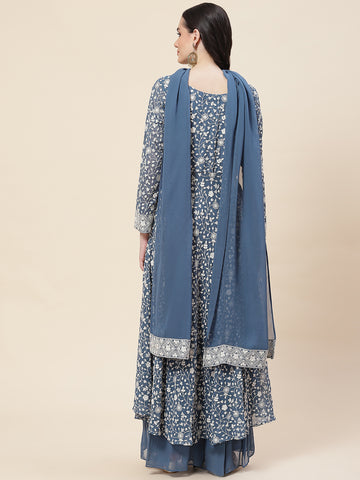 Embroidered Georgette Kurta With Palazzo & Dupatta