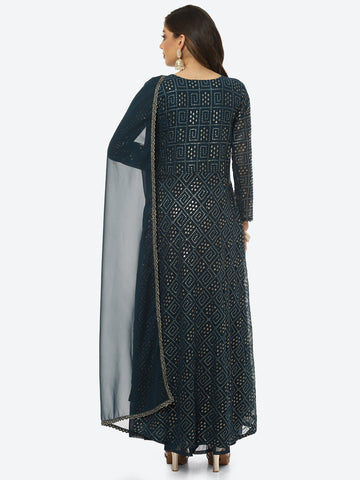 Sequin Embroidered Art Georgette Kurta With Palazzo & Georgette Dupatta
