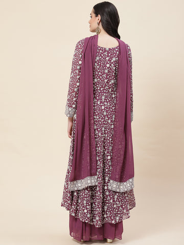 Embroidered Georgette Kurta With Palazzo & Dupatta