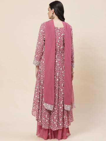 Embroidered Georgette Kurta With Palazzo & Dupatta