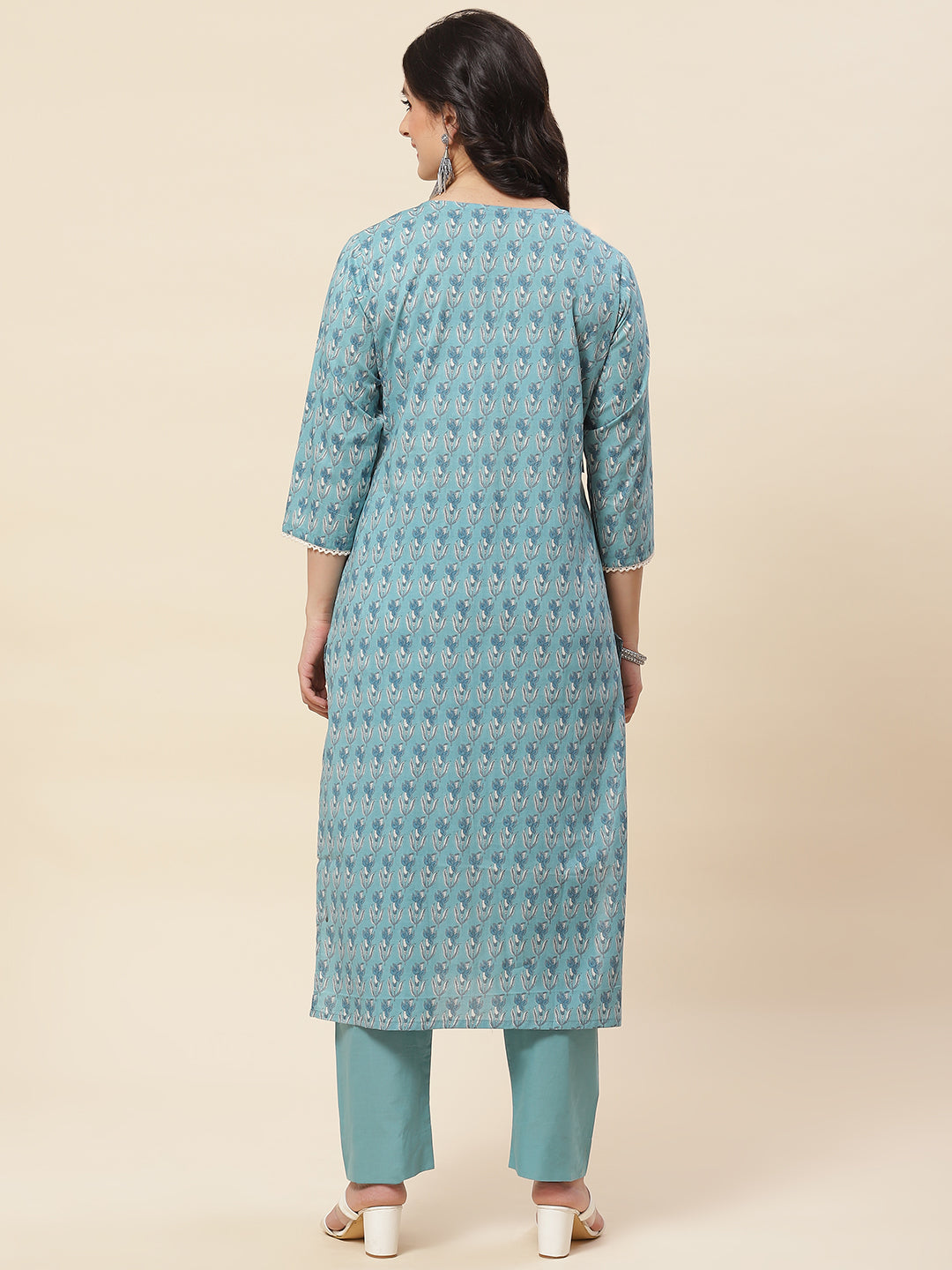 Printed  & Neck Embroidered Cotton Kurta With Pants