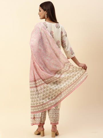 Printed Cotton Kurta With Pants & Dupatta