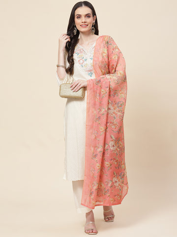 Neck Embroidered Cotton Kurta With Pants & Dupatta