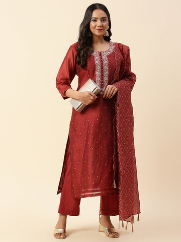 Resham Booti Cotton Kurta With Pants & Dupatta