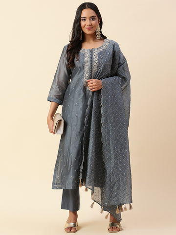 Resham Booti Cotton Kurta With Pants & Dupatta