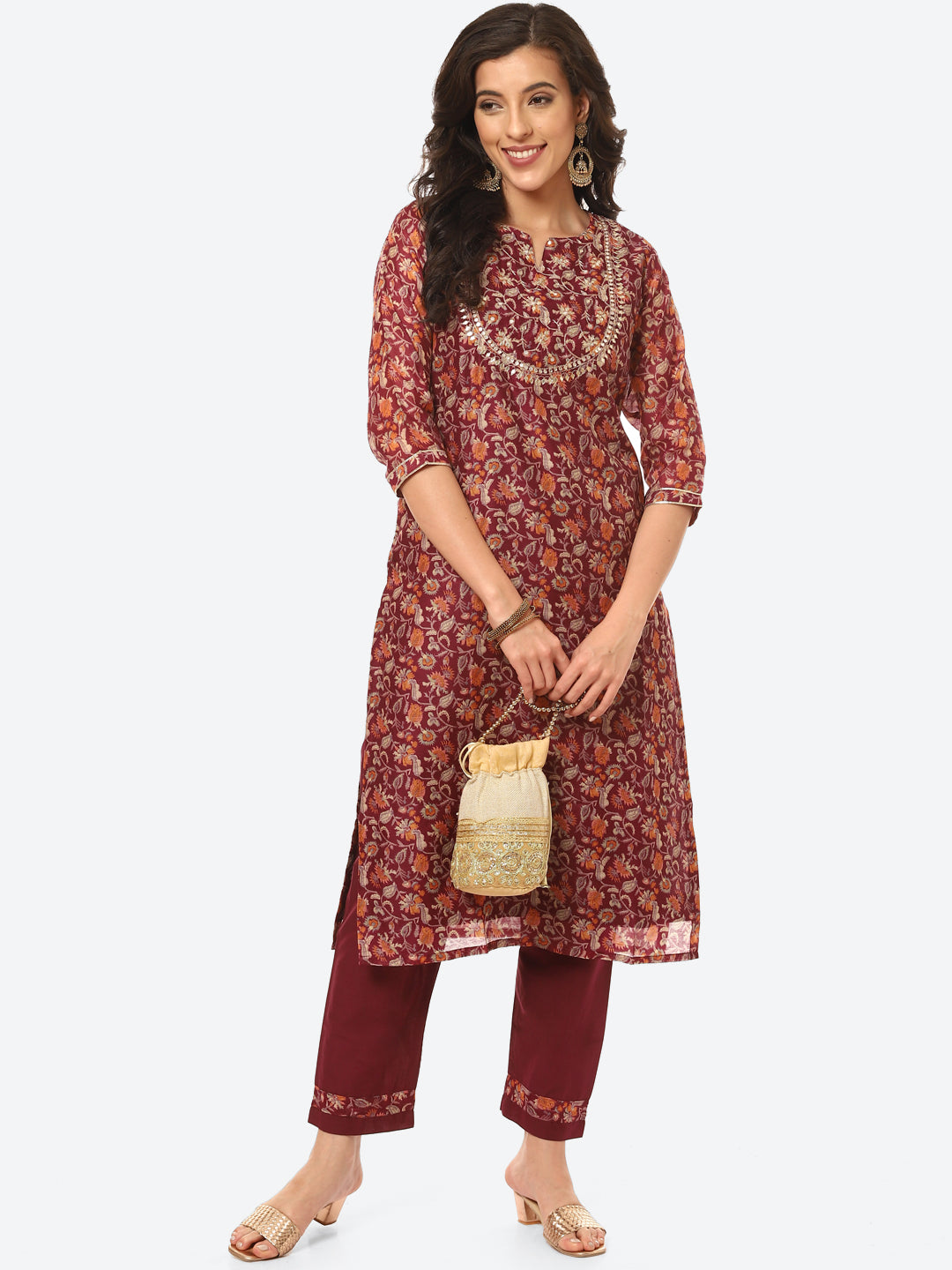 Gota Work Floral Chanderi Kurta With Pant