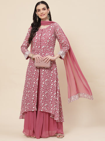 Embroidered Georgette Kurta With Palazzo & Dupatta