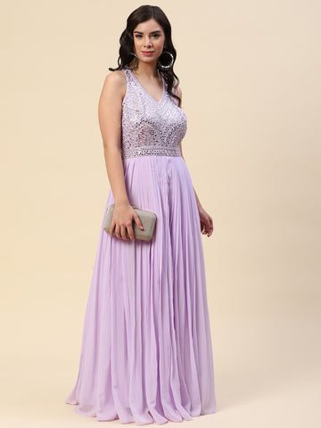 Mirror Neck Embroidered Georgette Gown Dress