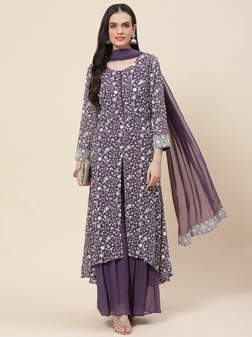 Embroidered Georgette Kurta With Palazzo & Dupatta